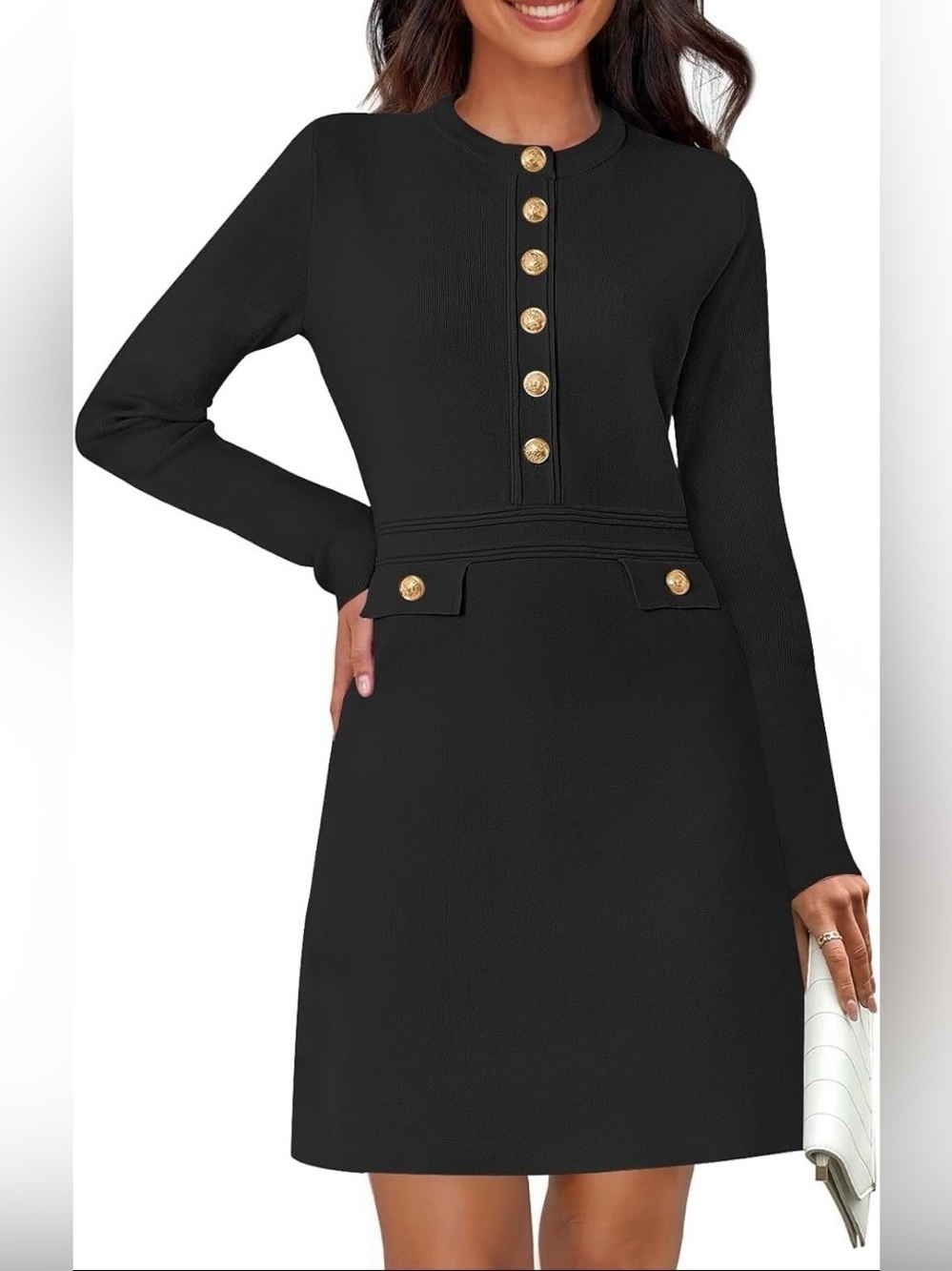 Merokeety Long Sleeve Sweater Dress Faux Button Crew Neck